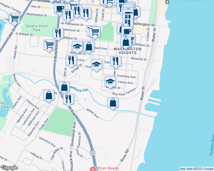 map of restaurants, bars, coffee shops, grocery stores, and more near 86 Beacon Street in Newburgh