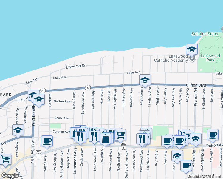 map of restaurants, bars, coffee shops, grocery stores, and more near 16315 Clifton Boulevard in Lakewood