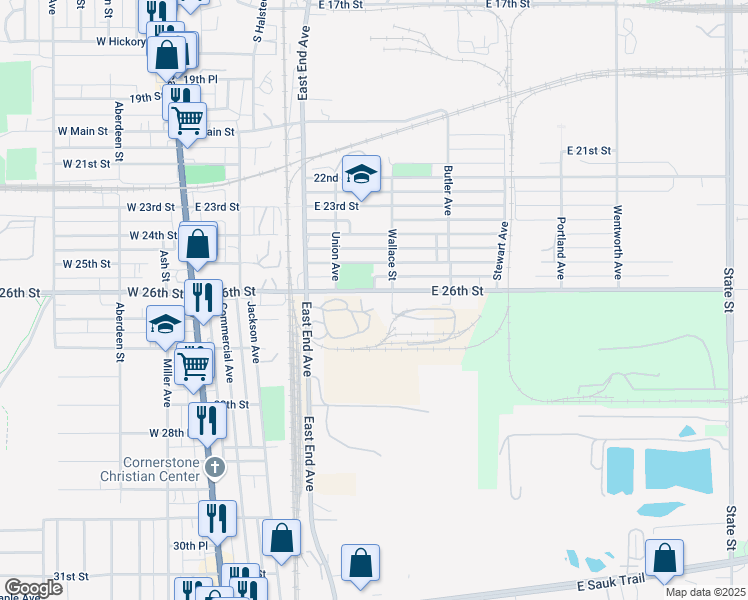 map of restaurants, bars, coffee shops, grocery stores, and more near 152 East 26th Street in Chicago Heights