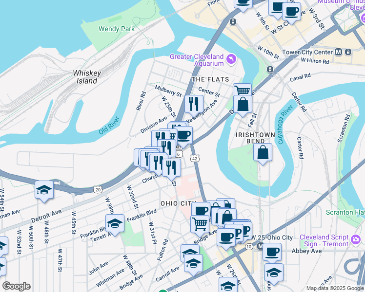 map of restaurants, bars, coffee shops, grocery stores, and more near 2516 Detroit Avenue in Cleveland