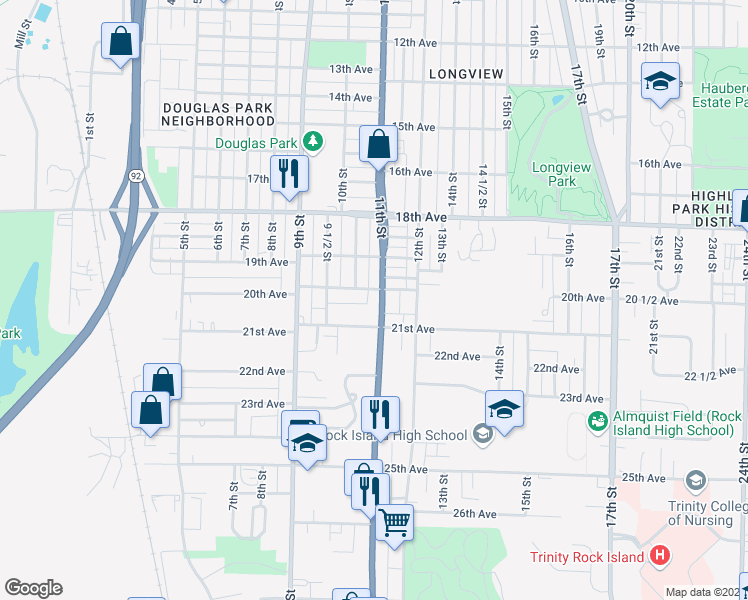 map of restaurants, bars, coffee shops, grocery stores, and more near 2008 11th Street in Rock Island