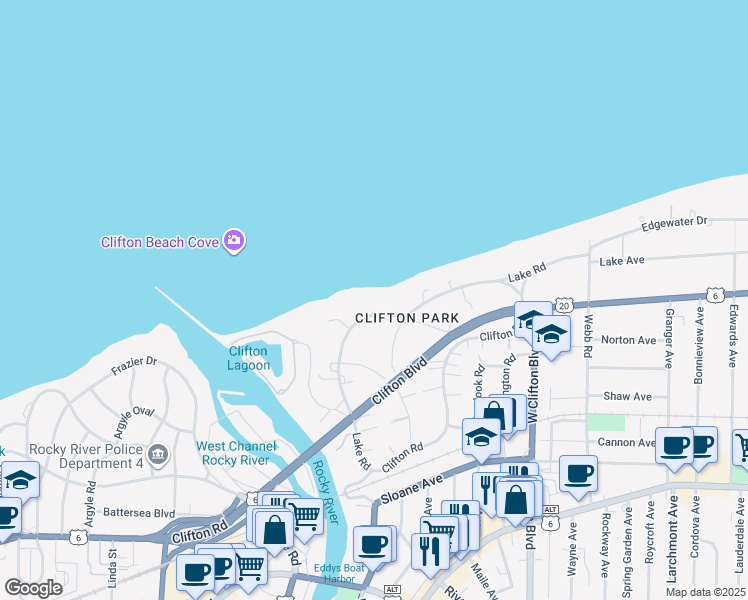 map of restaurants, bars, coffee shops, grocery stores, and more near 17856 Lake Road in Lakewood