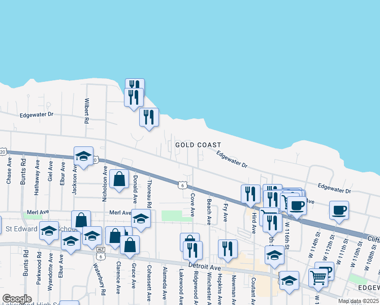 map of restaurants, bars, coffee shops, grocery stores, and more near 12530 Lake Avenue in Lakewood