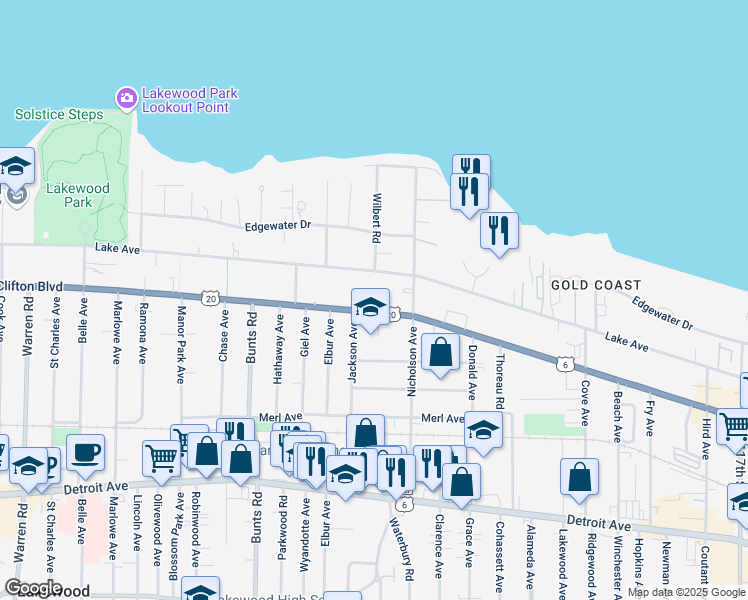 map of restaurants, bars, coffee shops, grocery stores, and more near 13444 Clifton Boulevard in Lakewood