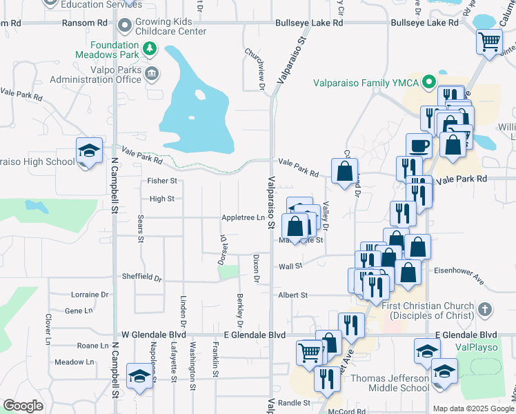 map of restaurants, bars, coffee shops, grocery stores, and more near 2501 Valparaiso Street in Valparaiso