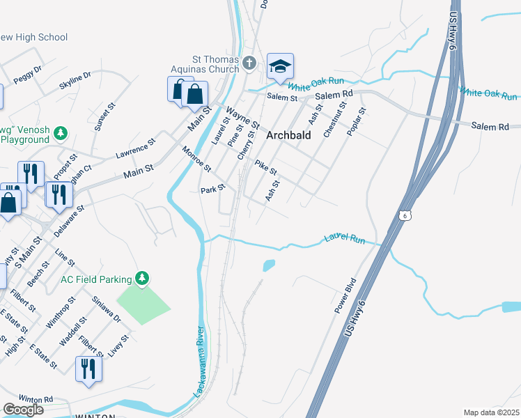 map of restaurants, bars, coffee shops, grocery stores, and more near 171 Monroe St in Archbald