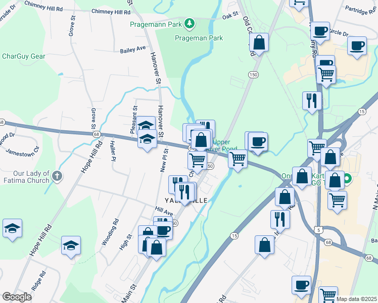 map of restaurants, bars, coffee shops, grocery stores, and more near 341 Church Street in Wallingford