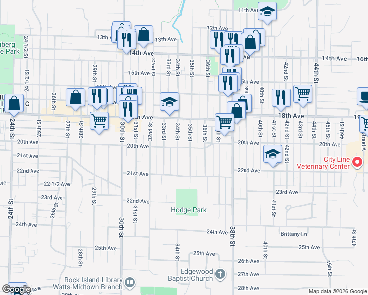 map of restaurants, bars, coffee shops, grocery stores, and more near 3451 20th Avenue in Rock Island