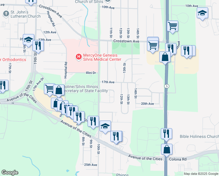 map of restaurants, bars, coffee shops, grocery stores, and more near 1105 18th Avenue in Silvis