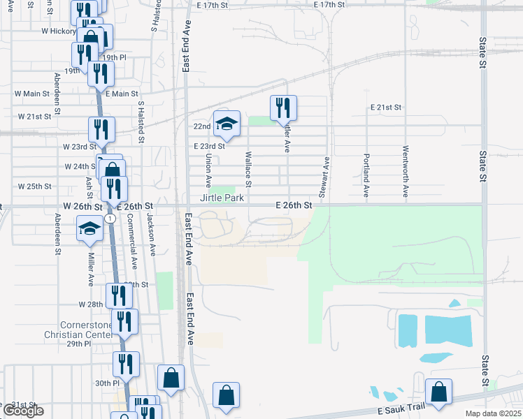 map of restaurants, bars, coffee shops, grocery stores, and more near 180 East 26th Street in Chicago Heights
