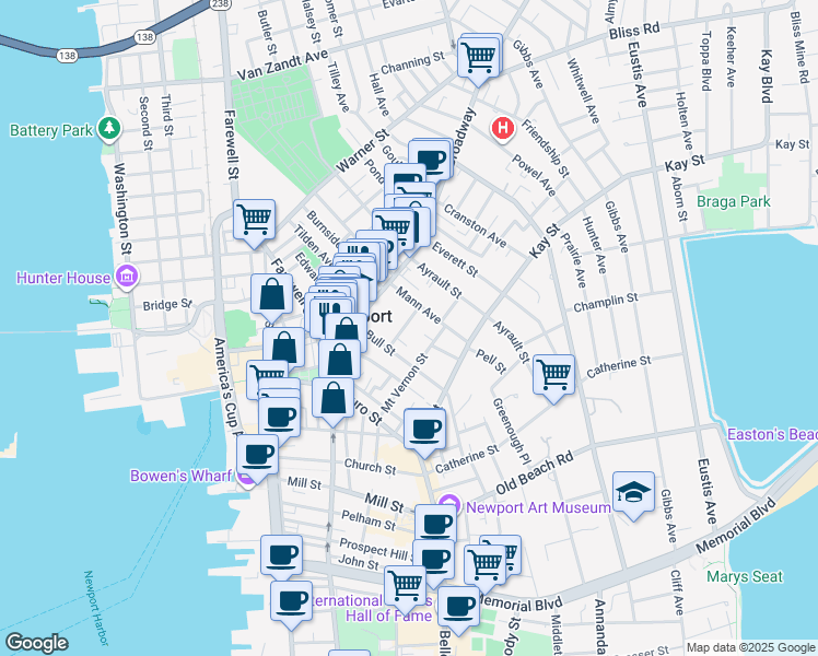 map of restaurants, bars, coffee shops, grocery stores, and more near 11 Central Street in Newport