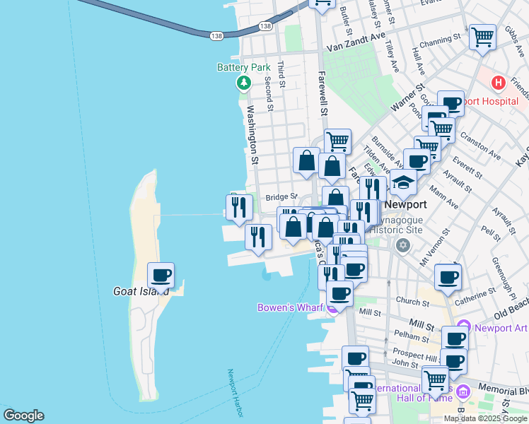map of restaurants, bars, coffee shops, grocery stores, and more near 37 Marsh Street in Newport