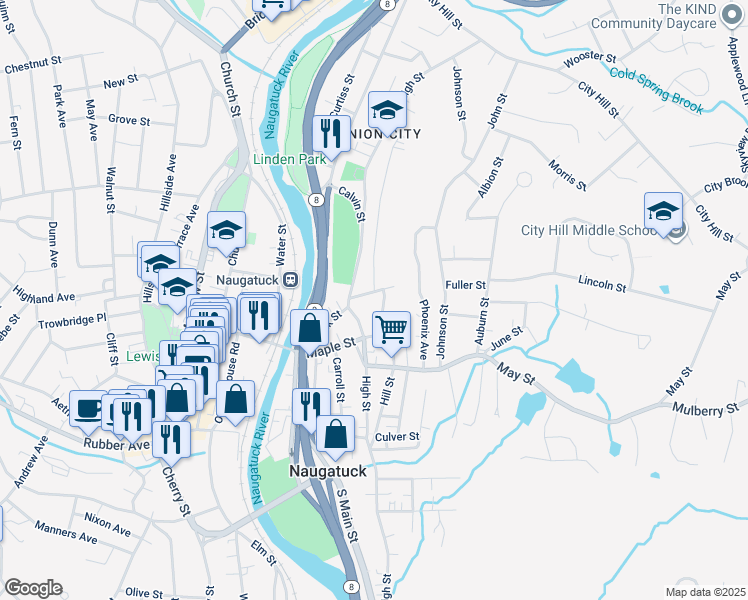 map of restaurants, bars, coffee shops, grocery stores, and more near 28 Bradley Street in Naugatuck