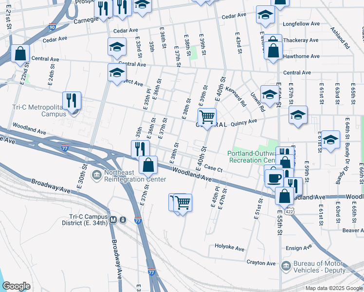 map of restaurants, bars, coffee shops, grocery stores, and more near 3820 Bivens in Cleveland