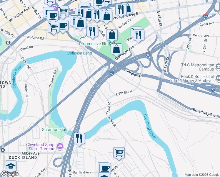 map of restaurants, bars, coffee shops, grocery stores, and more near 2784 East 9th Street Extension in Cleveland