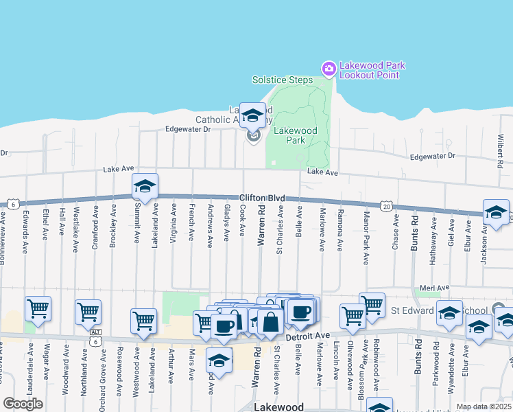 map of restaurants, bars, coffee shops, grocery stores, and more near in Lakewood