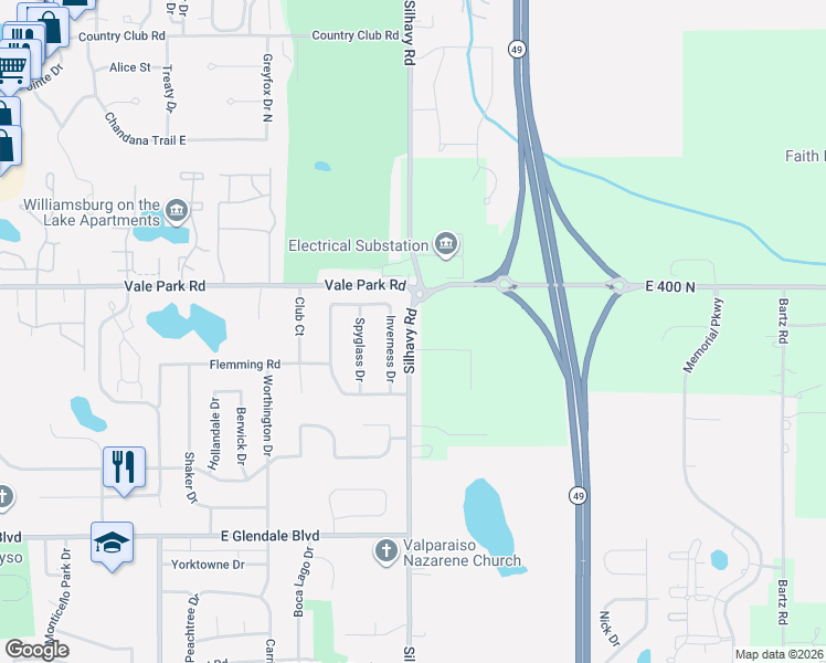 map of restaurants, bars, coffee shops, grocery stores, and more near 2400 Silhavy Road in Valparaiso