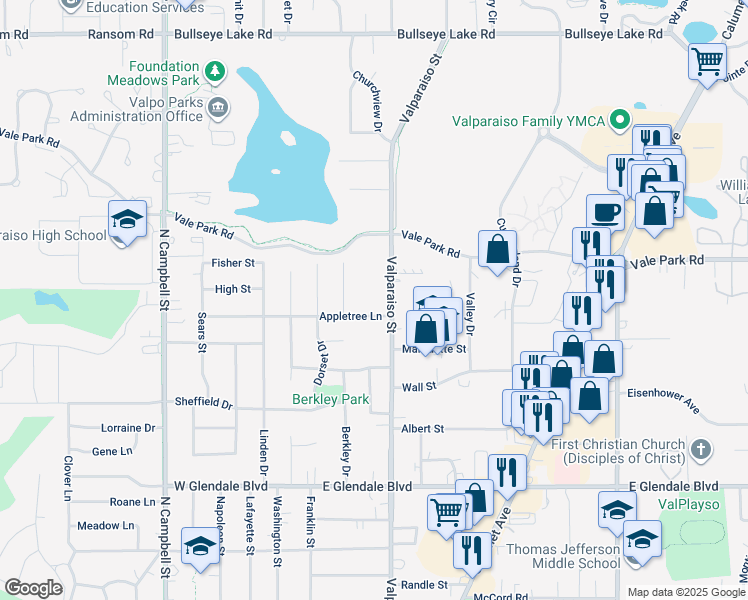 map of restaurants, bars, coffee shops, grocery stores, and more near 2501 Valparaiso Street in Valparaiso