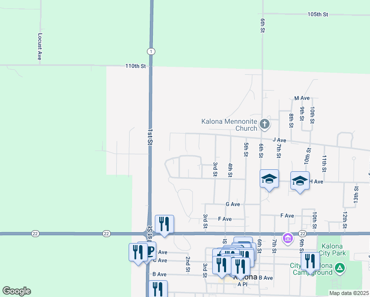map of restaurants, bars, coffee shops, grocery stores, and more near 835 2nd Place in Kalona