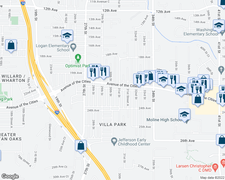 map of restaurants, bars, coffee shops, grocery stores, and more near 2320 30th Street in Moline