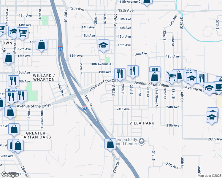 map of restaurants, bars, coffee shops, grocery stores, and more near 2520 23rd Avenue Court in Moline