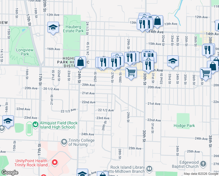 map of restaurants, bars, coffee shops, grocery stores, and more near 2554 20th Avenue in Rock Island