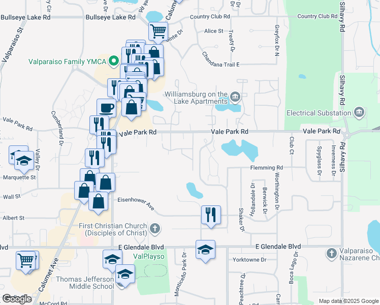 map of restaurants, bars, coffee shops, grocery stores, and more near 1710 Vale Park Road in Valparaiso