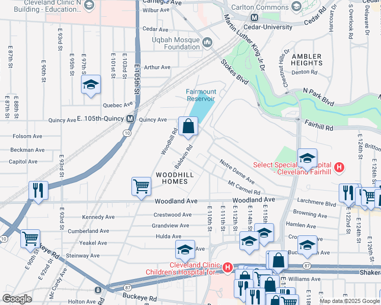 map of restaurants, bars, coffee shops, grocery stores, and more near 2461 Baldwin Road in Cleveland