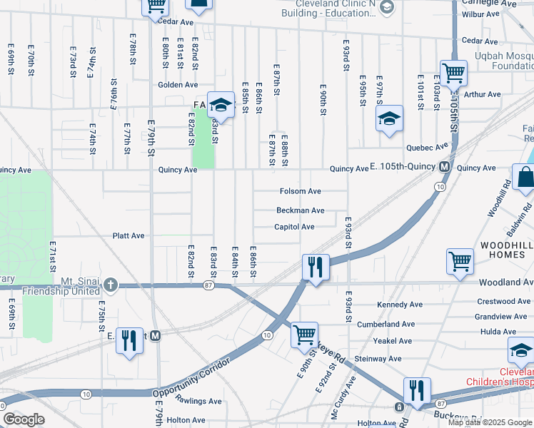 map of restaurants, bars, coffee shops, grocery stores, and more near 8620 Beckman Avenue in Cleveland
