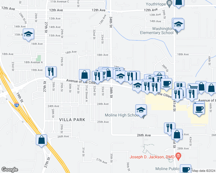 map of restaurants, bars, coffee shops, grocery stores, and more near 3316 Avenue Of The Cities in Moline