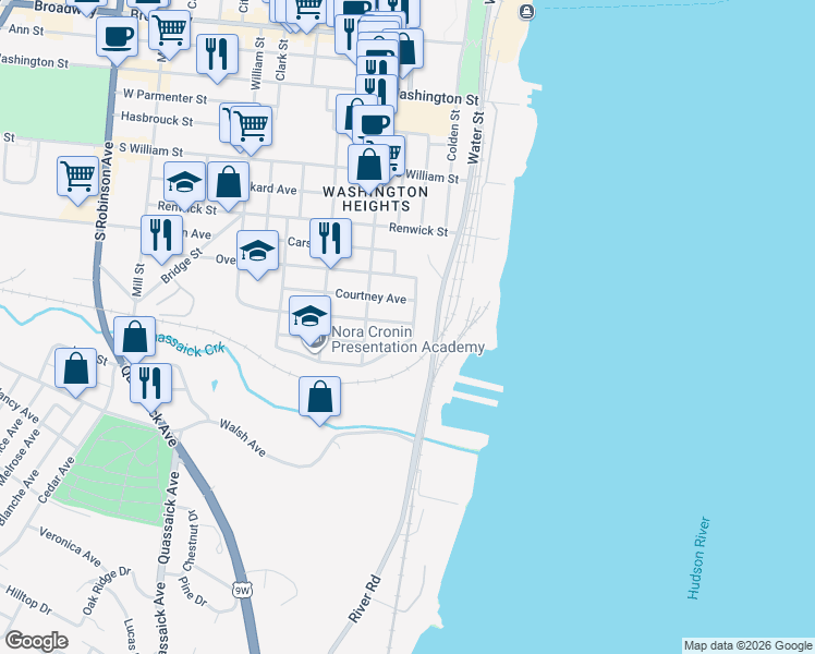 map of restaurants, bars, coffee shops, grocery stores, and more near 18 Bay View Terrace in Newburgh
