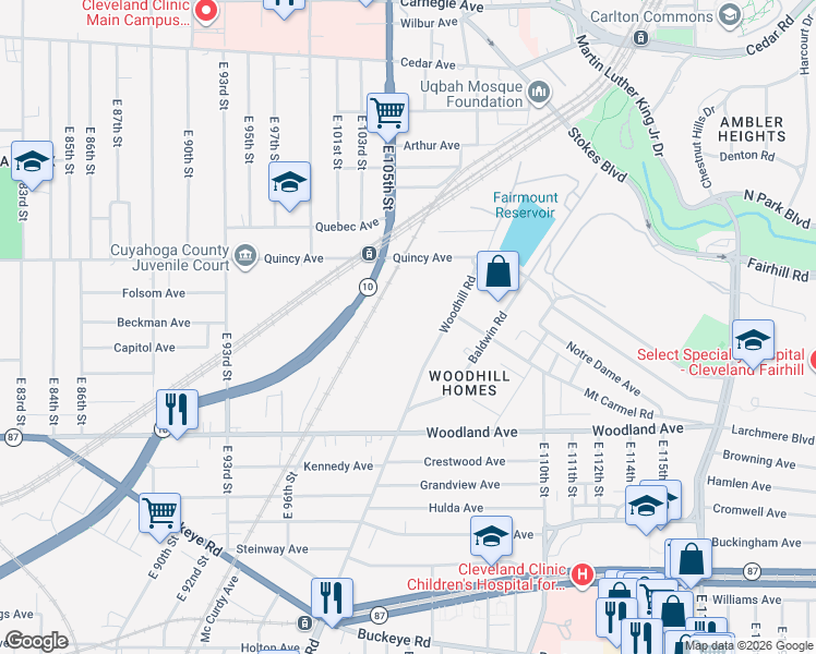 map of restaurants, bars, coffee shops, grocery stores, and more near 2500 Woodhill Road in Cleveland