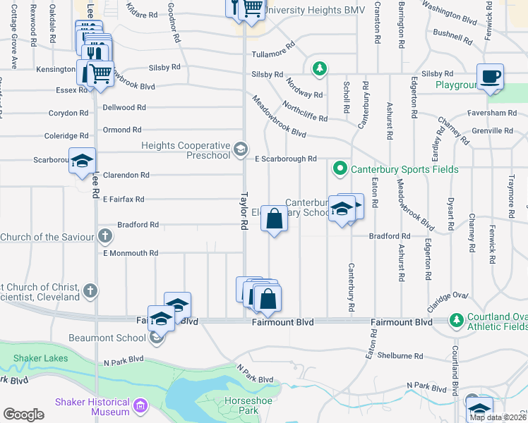 map of restaurants, bars, coffee shops, grocery stores, and more near 2502 Queenston Road in Cleveland Heights