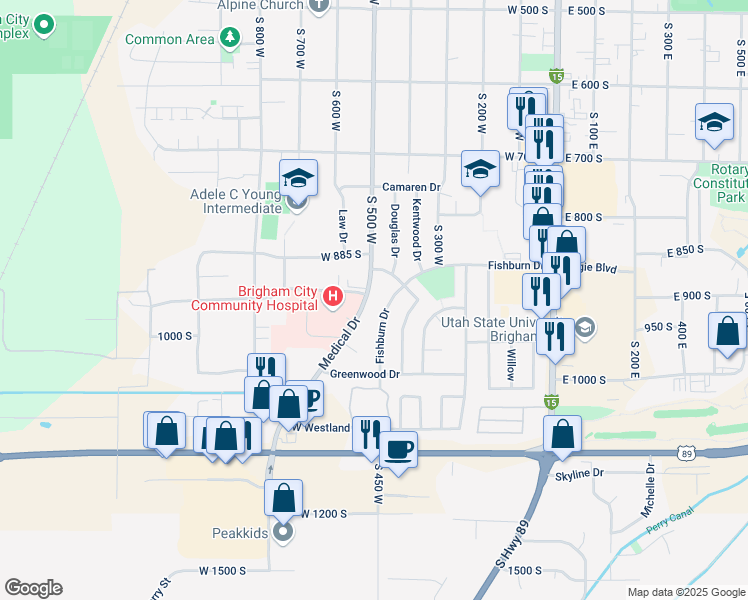 map of restaurants, bars, coffee shops, grocery stores, and more near 955 Medical Drive in Brigham City