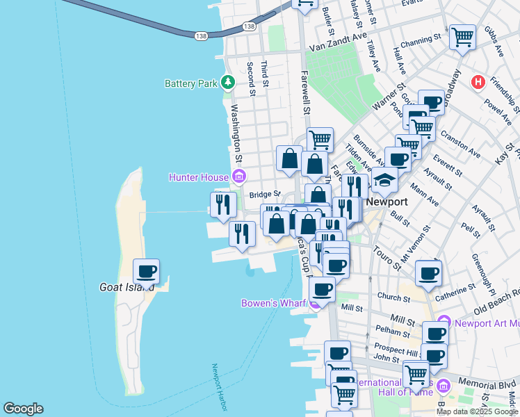 map of restaurants, bars, coffee shops, grocery stores, and more near 7 Marsh Street in Newport