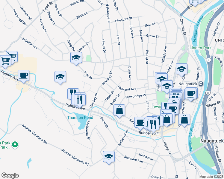 map of restaurants, bars, coffee shops, grocery stores, and more near 76 Galpin Street in Naugatuck