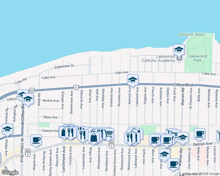 map of restaurants, bars, coffee shops, grocery stores, and more near 16101 Clifton Boulevard in Lakewood