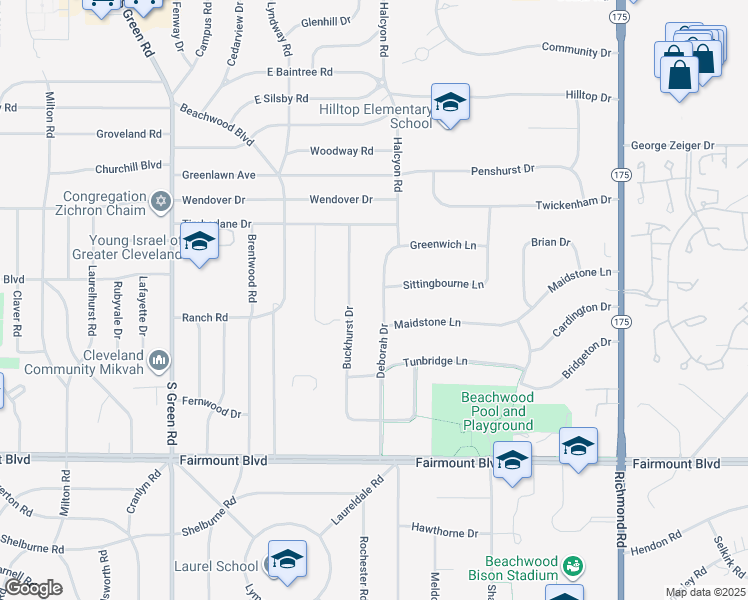 map of restaurants, bars, coffee shops, grocery stores, and more near 2500 Deborah Dr in Beachwood