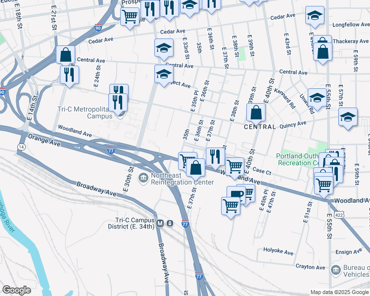 map of restaurants, bars, coffee shops, grocery stores, and more near 2567 East 35th Street in Cleveland