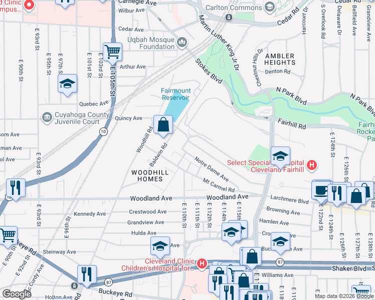 map of restaurants, bars, coffee shops, grocery stores, and more near 10823 Notre Dame Avenue in Cleveland