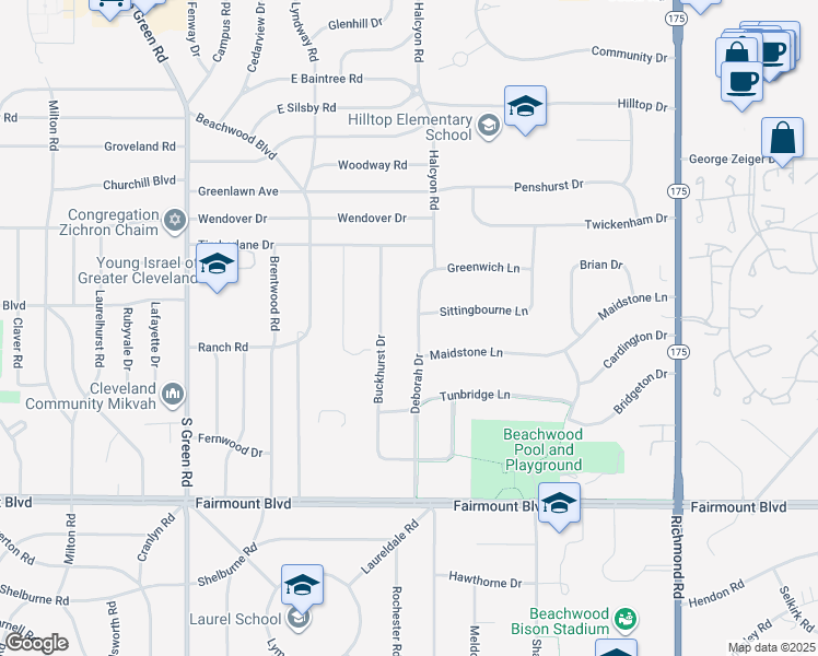 map of restaurants, bars, coffee shops, grocery stores, and more near 2500 Deborah Drive in Beachwood