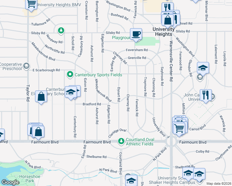 map of restaurants, bars, coffee shops, grocery stores, and more near 2495 Edgerton Road in University Heights