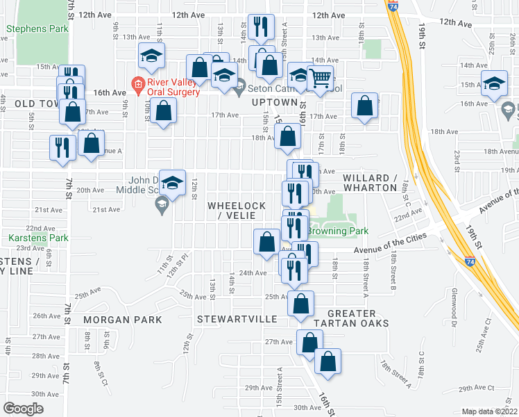 map of restaurants, bars, coffee shops, grocery stores, and more near 2025 15th Street in Moline