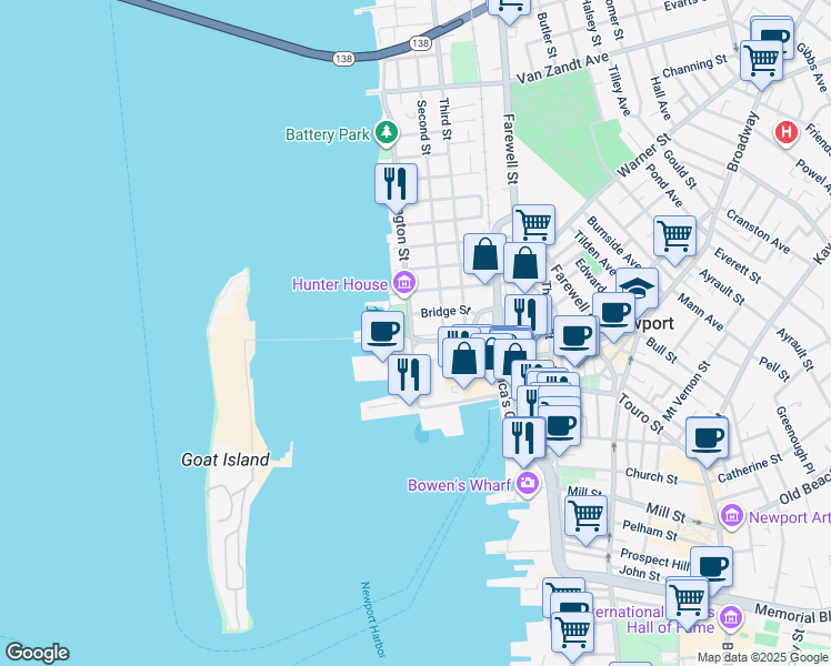 map of restaurants, bars, coffee shops, grocery stores, and more near 37 Marsh Street in Newport