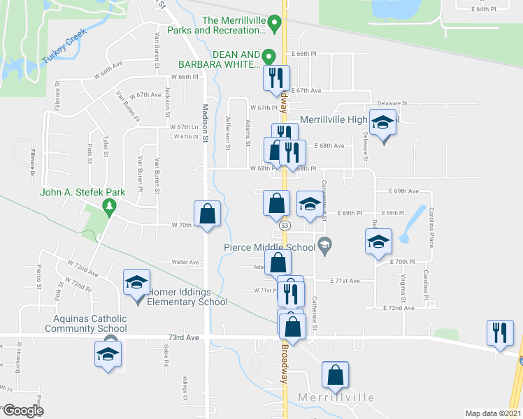 map of restaurants, bars, coffee shops, grocery stores, and more near 6934 Broadway in Merrillville