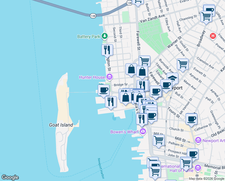 map of restaurants, bars, coffee shops, grocery stores, and more near 37 Marsh Street in Newport