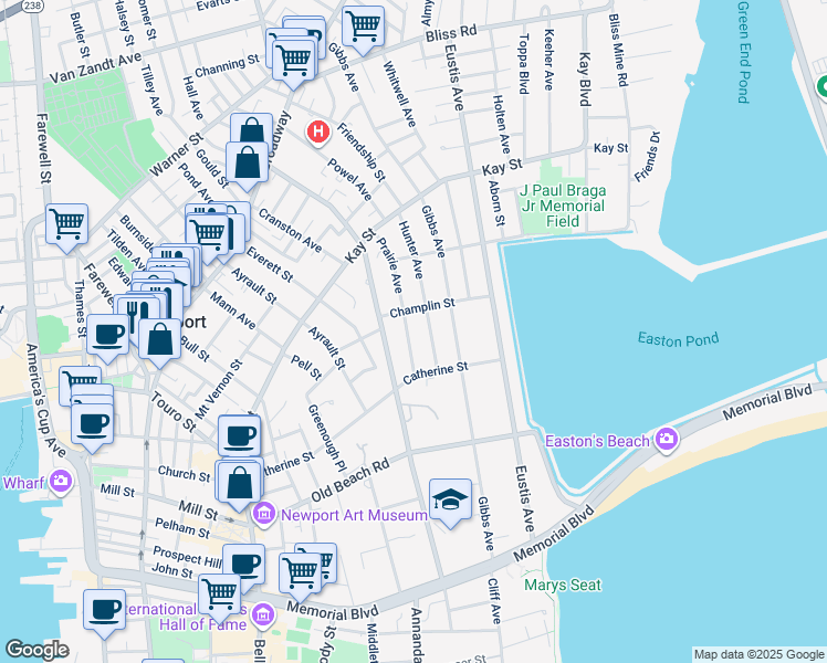 map of restaurants, bars, coffee shops, grocery stores, and more near 64 Prairie Avenue in Newport