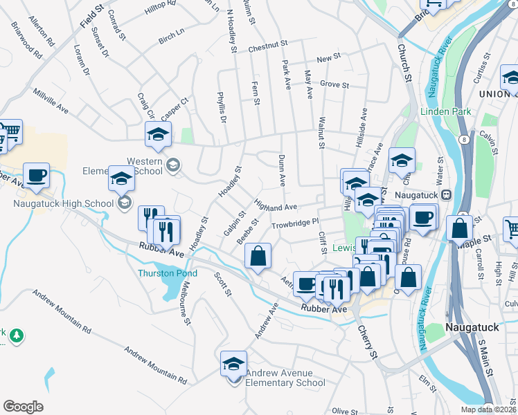 map of restaurants, bars, coffee shops, grocery stores, and more near 111 Highland Avenue in Naugatuck