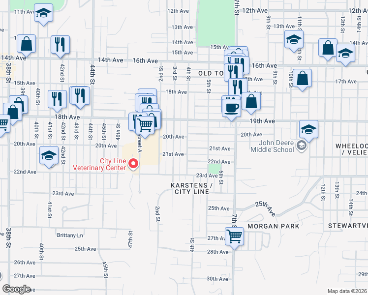 map of restaurants, bars, coffee shops, grocery stores, and more near 2025 4th Street in Moline