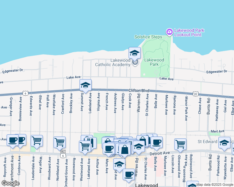 map of restaurants, bars, coffee shops, grocery stores, and more near 1171 Andrews Avenue in Lakewood